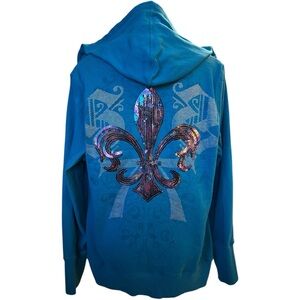 Seven7 Luxe Fleur-de-Lis Teal Sequin Zip Hoodie | Women’s XL